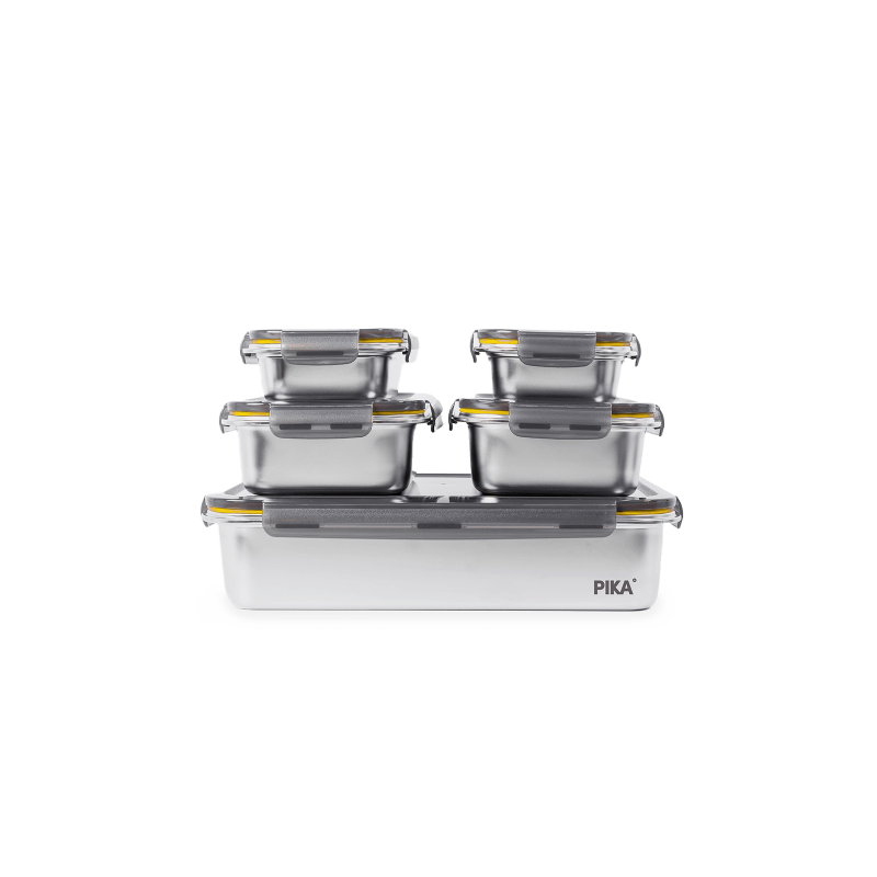 Entdecken Sie das Batch Cooking Set von PIKA° mit 5 Edelstahl-Frischhaltebehälter für gesunde, langlebige Lebensmittelaufbewahru